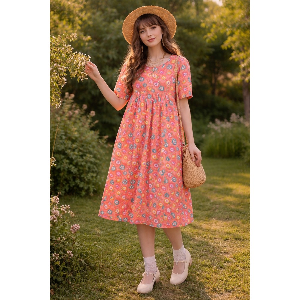 Vintage Twee Babydoll Floral Midi Dress‎ 60s Revival Party Teacher Core Size L